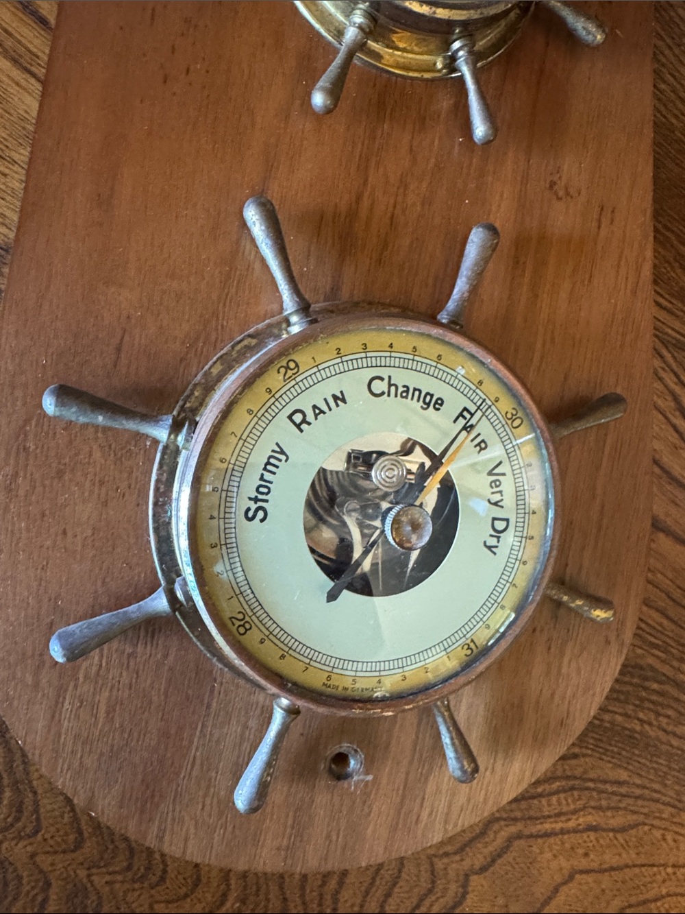 Vintage MCM Nautical Made in Germany Wall Weather Station - Wood, Brass, Steel - Picture 6 of 9